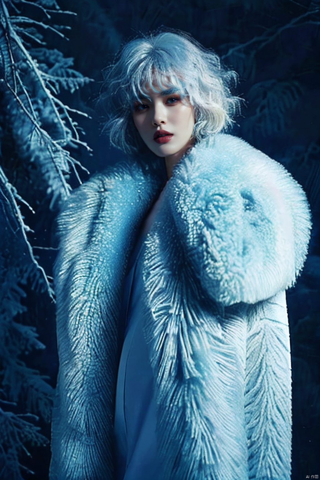  winter,sdmai,xiaodiao,mink fur coat,Blue tone style background,close-up view,solo,1girl,white hair,blue theme,closedeyes,nud,, sdmai