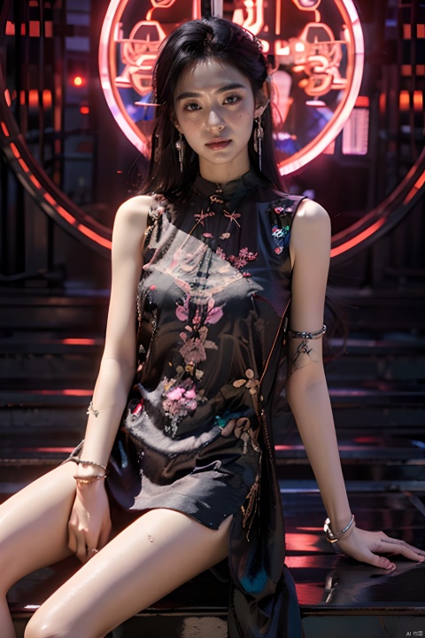 sdmai, quanxishaonv, 1girl, solo, jewelry, dress, earrings, long hair, realistic, looking at viewer, bracelet, sitting, black hair, lips, mole under eye, chinese clothes, short dress, mole