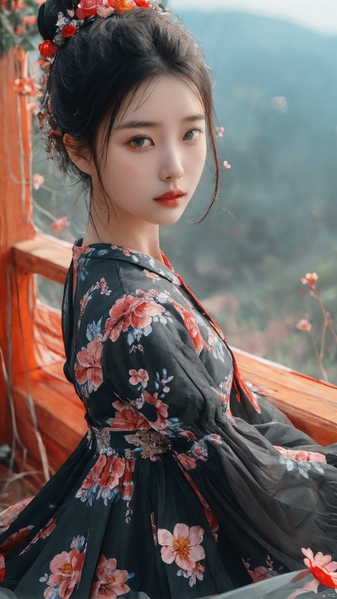 sdmai,chaziyanhong,, 1girl, solo, black hair, flower, hair ornament, hair bun, upper body, looking at viewer, realistic