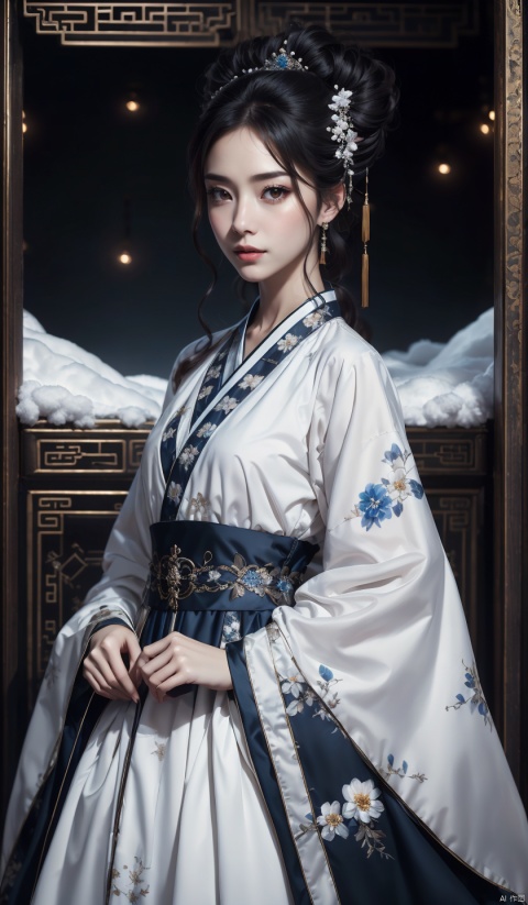 (Best quality, detailed images, 8K, realism, theatrical lighting), (digital art, digital illustrations), (camera focused on face), 1 girl, long hair, black hair, hair accessories, dresses, standing, whole body, flowers, sheep composed of stars, sparkling white sheep, curved sheep horns, starry sky, hair flowers, wide sleeves, hair buns, belts, blue dresses, Chinese clothing, winter, snow, stairs, forehead markers, Hanfu, wide-angle lens, ultra-high definition, high-resolution, very detailed, best quality, clear theme, super realistic, super detailed,

