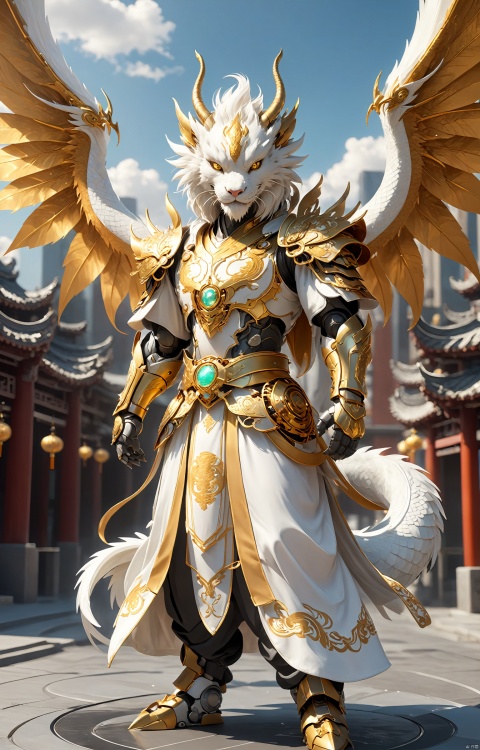  full body,Handsome Chinese dragon, white and gold basedancient Chinese robe, fluffy fur, cute features,A halo floating on the head,,Beautiful mechanical wings,The bustling urban background, front, character IP design, 3D, OC rendering,C4D,cinematic lighting, ray tracing, Extreme viewing angle, fisheye lens,UHD, anatomicallycorrect,ccurate, super detail, high details, best quality, 16k