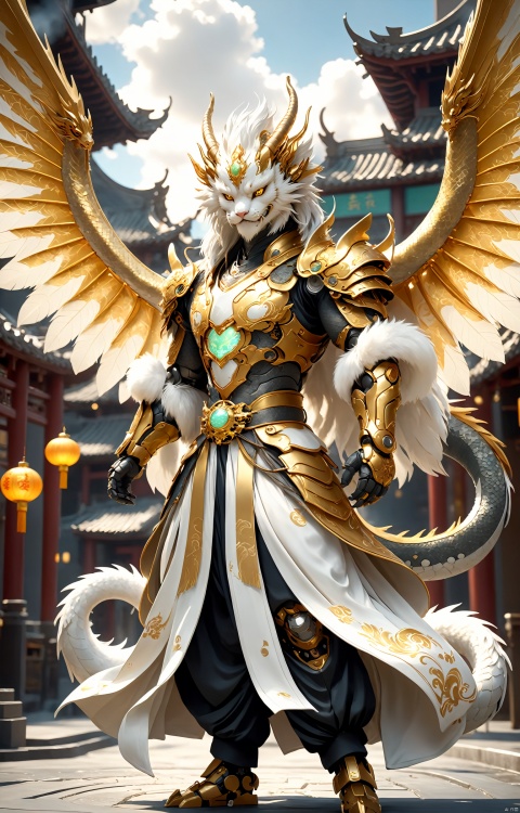  full body,Handsome Chinese dragon, white and gold basedancient Chinese robe, fluffy fur, cute features,A halo floating on the head,,Beautiful mechanical wings,The bustling urban background, front, character IP design, 3D, OC rendering,C4D,cinematic lighting, ray tracing, Extreme viewing angle, fisheye lens,UHD, anatomicallycorrect,ccurate, super detail, high details, best quality, 16k