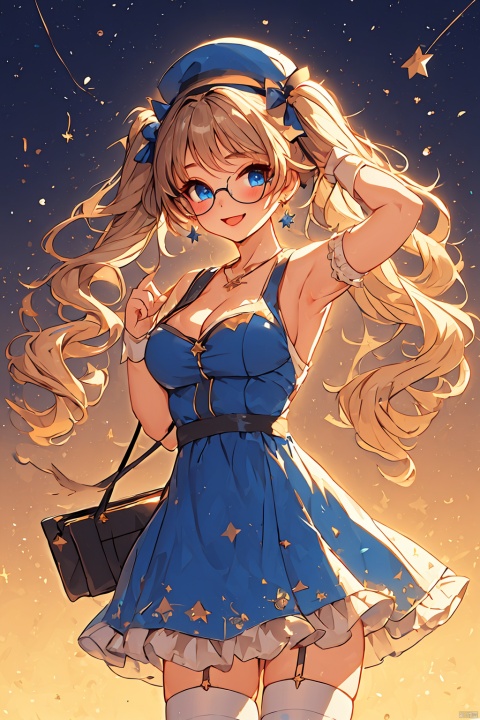  1girl, ;d, arm_up, armpits, bag, bird, blue_bow, blue_dress, blue_eyes, book, bow, breasts, brown_hair, cleavage, dress, eighth_note, eyebrows_visible_through_hair, glasses, handbag, hat, hexagram, large_breasts, long_hair, looking_at_viewer, musical_note, one_eye_closed, open_mouth, quarter_note, rainbow, saint_quartz_\(fate\), school_bag, smile, solo, sparkle, star_\(symbol\), star_earrings, star_hair_ornament, star_necklace, star_pasties, star_print, starfish, starry_background, thighhighs, twintails, wand, white_legwear, wrist_cuffs