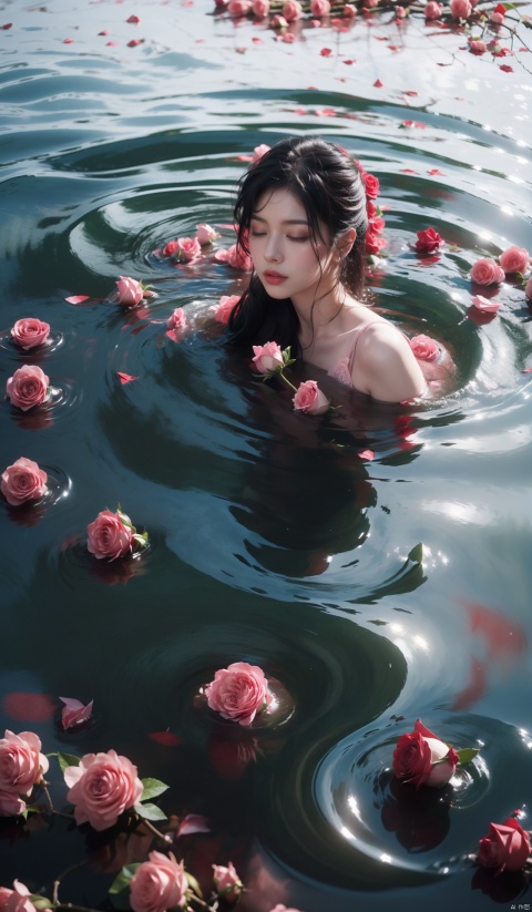 Absurdity, realistic rendering, (masterpiece, best quality), flowers, solo, water, roses, realistic, with eyes closed, blurry, partially submerged, 1 girl, floating, ripple, red flowers, petals, pink flowers, black hair, top-down, (8k, best quality, ultra-high resolution, masterpiece: 1.2),

, 1girl