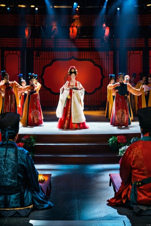 A Peking opera performance on stage with a male and female actor, detailed facial depictions, red and blue themed decorations, elaborate costumes, tables and chairs on stage, festive atmosphere with lanterns, focus on characters, depth of field, wide-angle shot. High-quality photorealistic art by Greg Manchess, Antonio Moro, Intricate, High Detail, Sharp focus, dramatic, photorealistic painting art by midjourney and greg rutkowski.