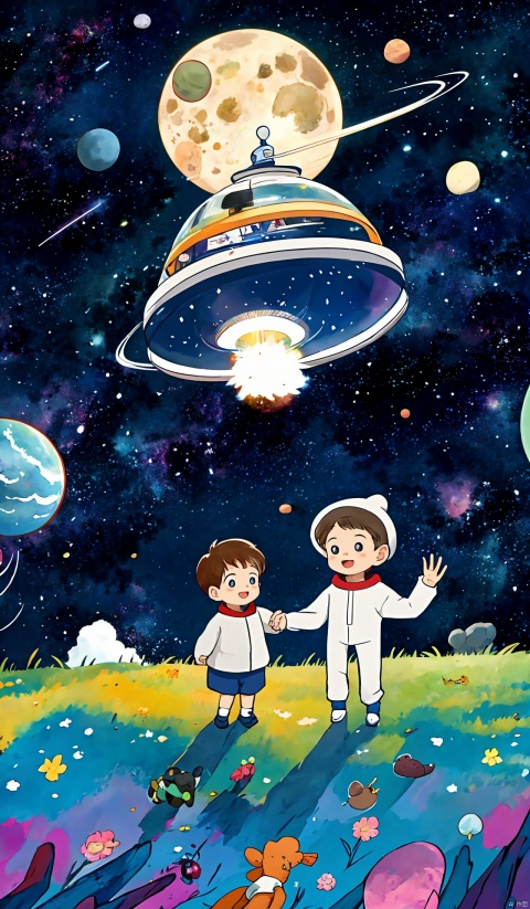 kosmos,A boy meets an alien friend in space,Two people who seem to be having fun,cosmic space,Boy shaking hands with alien friend,Everyone talking