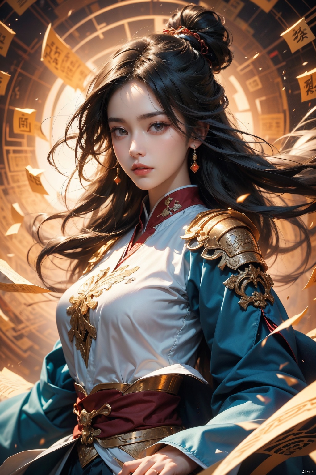  (low-angle, ultra-wide) , a woman in Mech, armor, action figure, delicate eyebrows, beautiful features, (upper body close-up: 1.2) , (pubic hair: 1.3) , sparkling runes, (rotating long volume: 1.2) , (floating transparent Chinese characters) , motion, Best Picture Quality, 3D rendering, looking up, wide angle, Fisheye, lens focus, super realistic and detail, high detail texture, super high quality, 16K, Dauphin, flow scrolls, kawaiitech, Fashion Style