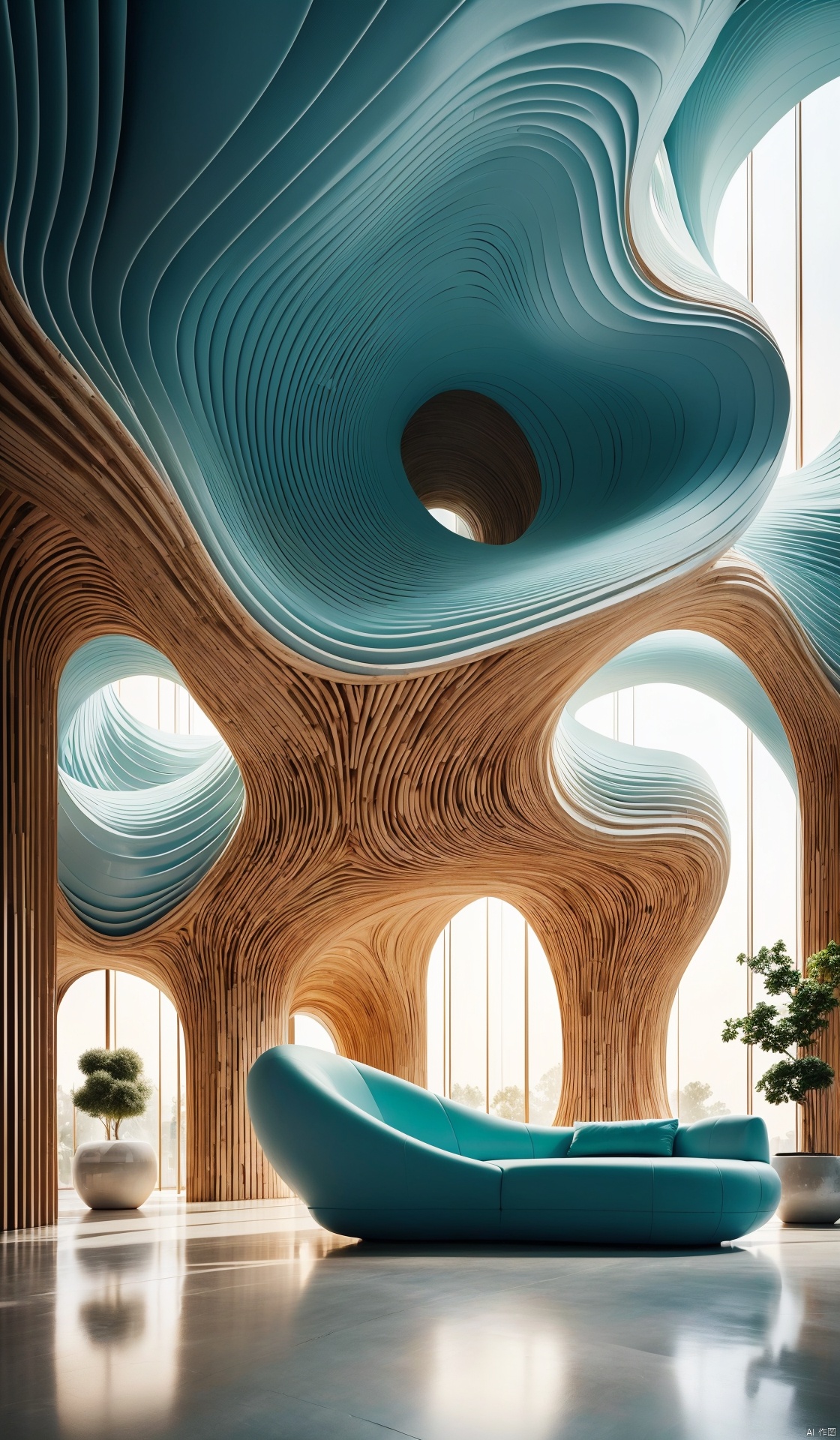  An Internet celebrity restaurant, green stools, white table, surrounded by many plants, roof decoration like clouds, David chipperfield style, soft fog,soft atmospheric scenes,wavy resin sheets terrain photography, soft and circular forms, attention to detail, striped arrangement,In a soft and airy composition style, light qreen, non-traditional use of space, Norwegian nature, commercial imagery, circular forms, plant richness,8k
, Installation art