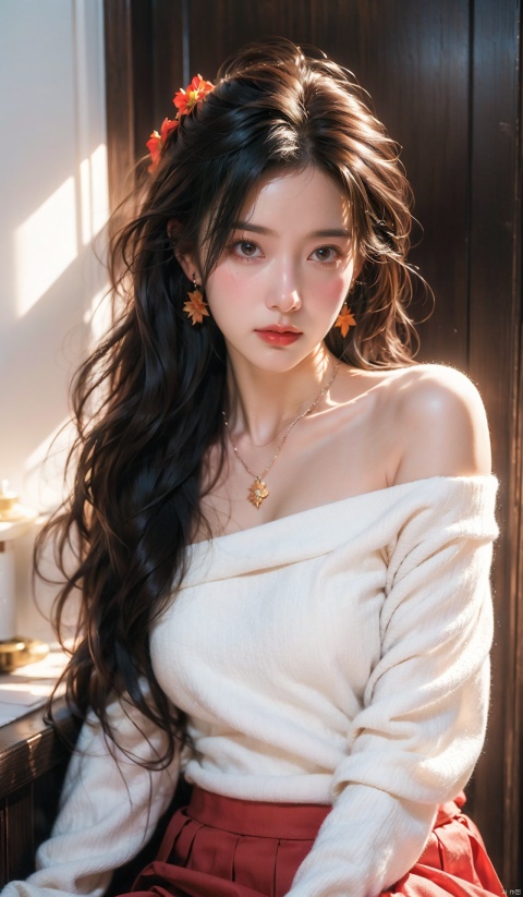  1 girl, jewelry, solo, earrings, long hair, forehead markings, black hair, necklace, bare shoulders, flowers, red lips, hair flowers, upper body, skirt, off shoulder, facial markings, head down, makeup, lips, candles, collarbones, long sleeves, tears streaming down, crying, Tyndall effect, 8k, large aperture, masterpiece of the century, sit, maple leaf, doorway, corridor, Sun on face, 1girl