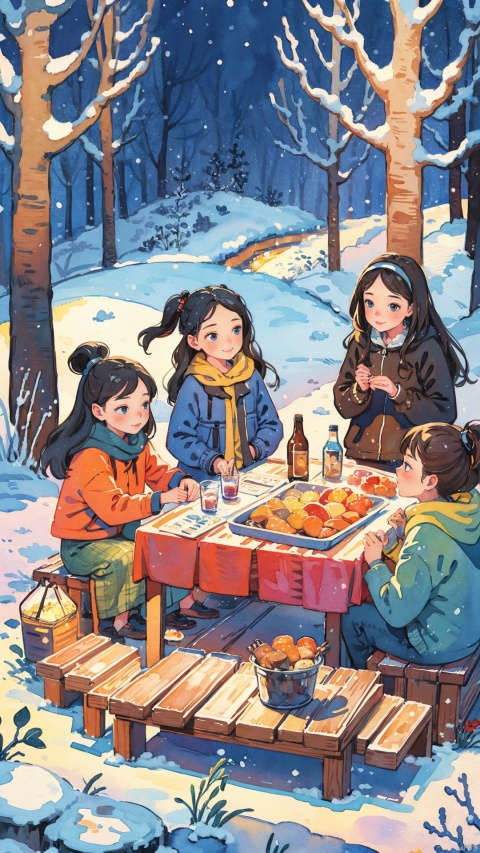  (5 girls watching and playing with each other), whole body (Laurie: 1.2), camping, picnicking, barbecue, barbecue, winter, snow, night, children's illustrations, masterpiece, best quality,watercolor, CGArt Illustrator