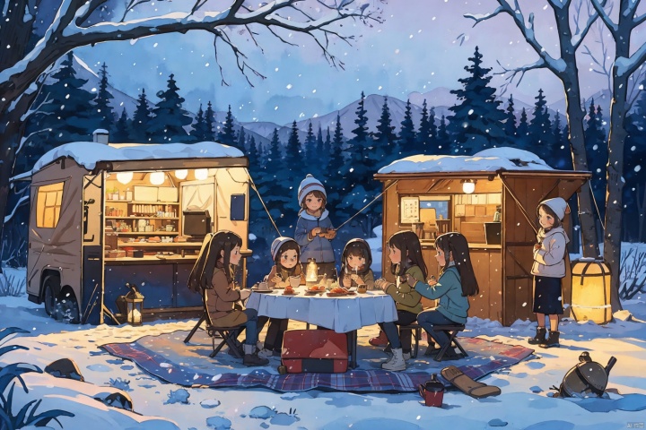 (5 girls watching and playing with each other), whole body (Laurie: 1.2), camping, picnicking, barbecue, barbecue, winter, snow, night, children's illustrations, masterpiece, best quality,watercolor, CGArt Illustrator