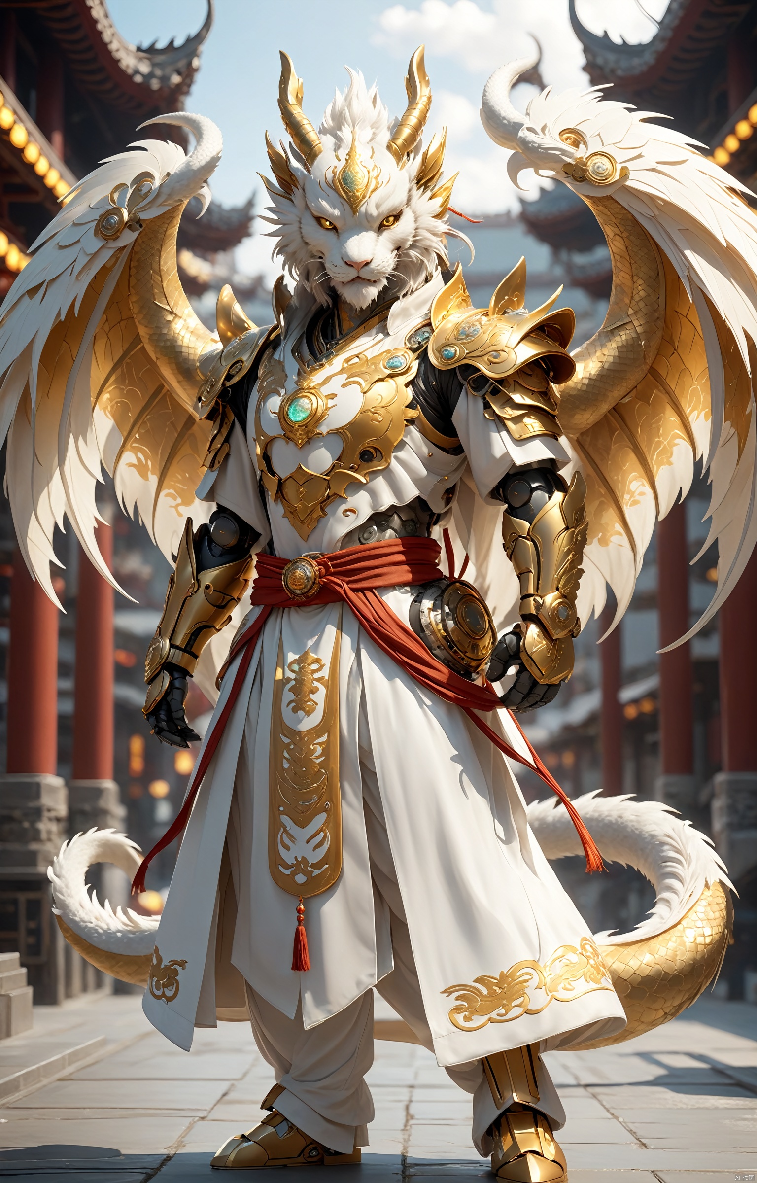  ((full body)),Extreme viewing angle, fisheye lens,Handsome Chinese dragon, white and gold basedancient Chinese robe, fluffy fur, cute features,A halo floating on the head,,Beautiful mechanical wings,The bustling urban background, front, character IP design, 3D, OC rendering,C4D,cinematic lighting, ray tracing, UHD, anatomicallycorrect,ccurate, super detail, high details, best quality, 16k