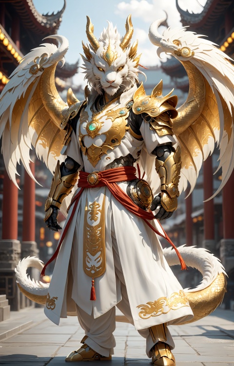  ((full body)),Extreme viewing angle, fisheye lens,Handsome Chinese dragon, white and gold basedancient Chinese robe, fluffy fur, cute features,A halo floating on the head,,Beautiful mechanical wings,The bustling urban background, front, character IP design, 3D, OC rendering,C4D,cinematic lighting, ray tracing, UHD, anatomicallycorrect,ccurate, super detail, high details, best quality, 16k