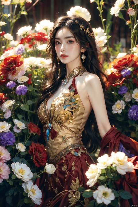  1girl, long hair, flower, Lisianthus, in the style of red and light azure, dreamy and romantic compositions, red, ethereal foliage, playful arrangements, fantasy, high contrast, ink strokes, explosions, over exposure, purple and red tone impression, abstract, whole body capture,
,moyou