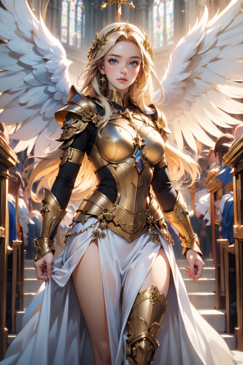Best quality,realistic,In Church,a girl,Beautiful,angel,blond hair,(Armor dress:1),Golden wings,White feather,