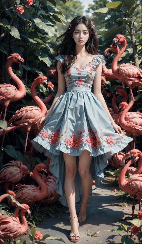  Surrealist photography, full body, (1 girl), long curly hair, embroidered dress, female focus, Petina Hicks, realistic characters, light blue Andiro, (flamingo), roses, balloons, surrounded by birds, forest background, masterpiece, detailed details, depth of field,FeiNiao, FeiNiao, 1girl