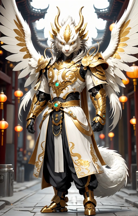  full body,Handsome Chinese dragon, white and gold basedancient Chinese robe, fluffy fur, cute features,A halo floating on the head,,Beautiful mechanical wings,The bustling urban background, front, character IP design, 3D, OC rendering,C4D,cinematic lighting, ray tracing, UHD, anatomicallycorrect,ccurate, super detail, high details, best quality, 16k