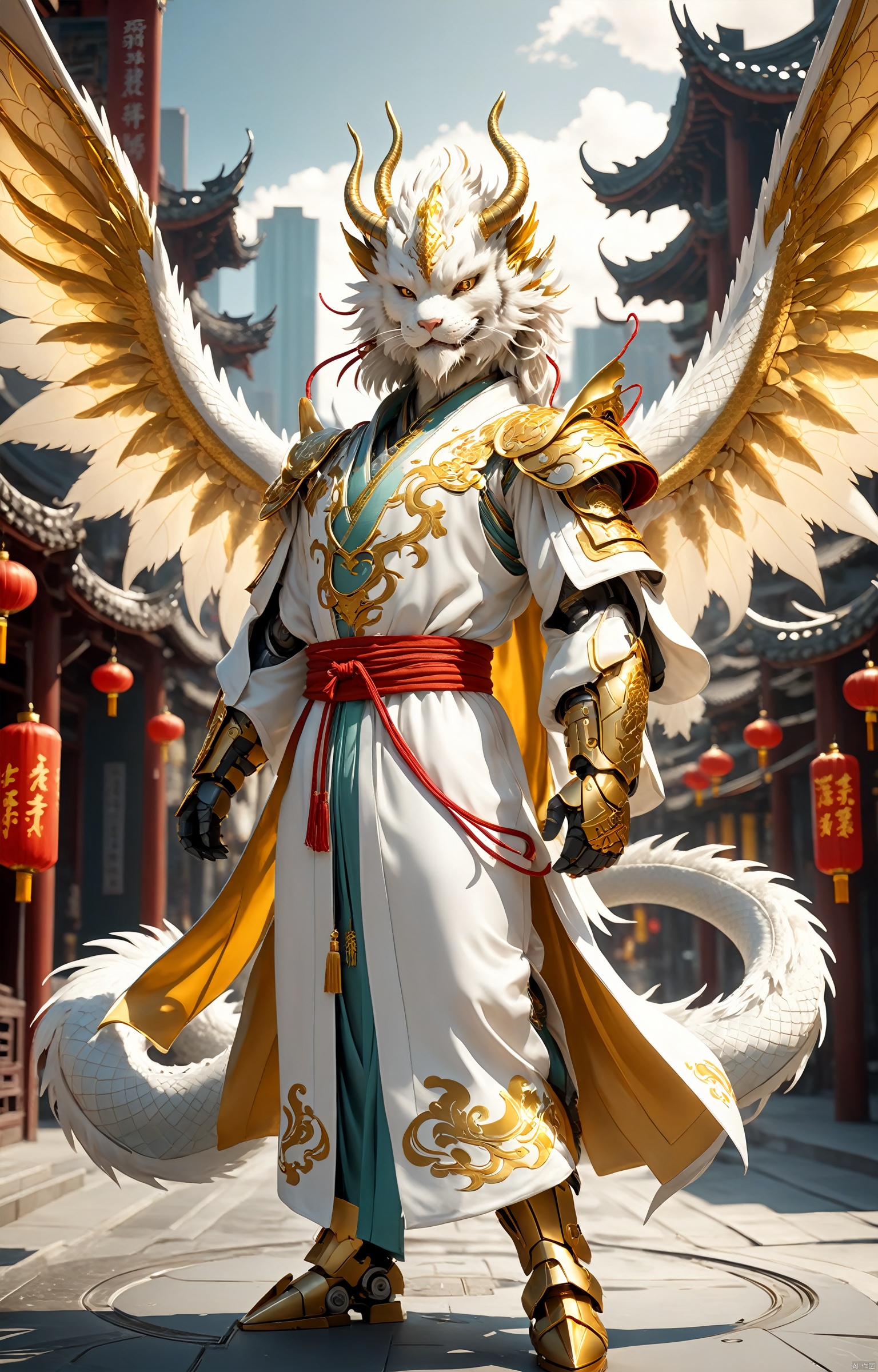  full body,Handsome Chinese dragon, white and gold basedancient Chinese robe, fluffy fur, cute features,A halo floating on the head,,Beautiful mechanical wings,The bustling urban background, front, character IP design, 3D, OC rendering,C4D,cinematic lighting, ray tracing, Extreme viewing angle, fisheye lens,UHD, anatomicallycorrect,ccurate, super detail, high details, best quality, 16k