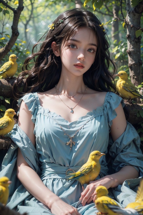 (Masterpiece, best quality, high-resolution: 1.2), (upper body), surrealist photography, 1 girl, light blue dress. Solo, (yellow bird), bird, necklace, black curly hair, flowing hair, flowers, forest background, many birds sleeping together, depth of field, watching the audience, female focus, retro, realistic characters, best quality, movie film
