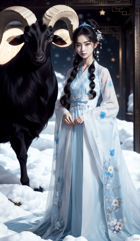 (Best quality, detailed images, 8K, realism, theatrical lighting), (digital art, digital illustrations), (camera focused on face), 1 girl, long hair, black hair, hair accessories, dress, standing in front of the sheep, full body, flower, (sheep composed of stars: 1.2), sparkling sheep, starry sky, hair flower, wide sleeves, hair bun, belt, blue dress, Chinese clothing, winter, snow, stairs, forehead markings, Hanfu, wide-angle lens, ultra-high definition, high-resolution, very detailed, best quality, clear theme, ultra realistic, ultra detailed,

