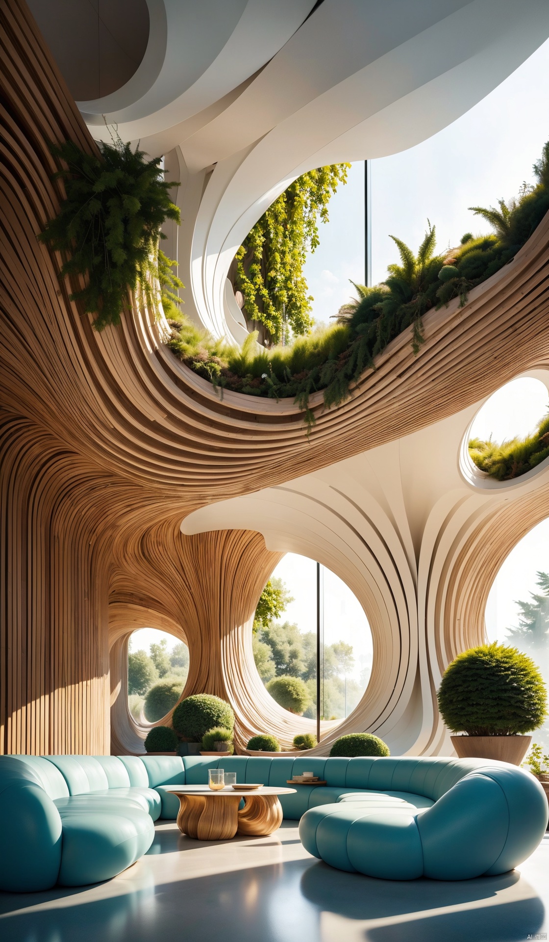 An Internet celebrity restaurant, green stools, white table, surrounded by many plants, roof decoration like clouds, David chipperfield style, soft fog,soft atmospheric scenes,wavy resin sheets terrain photography, soft and circular forms, attention to detail, striped arrangement,In a soft and airy composition style, light qreen, non-traditional use of space, Norwegian nature, commercial imagery, circular forms, plant richness,8k
, Installation art