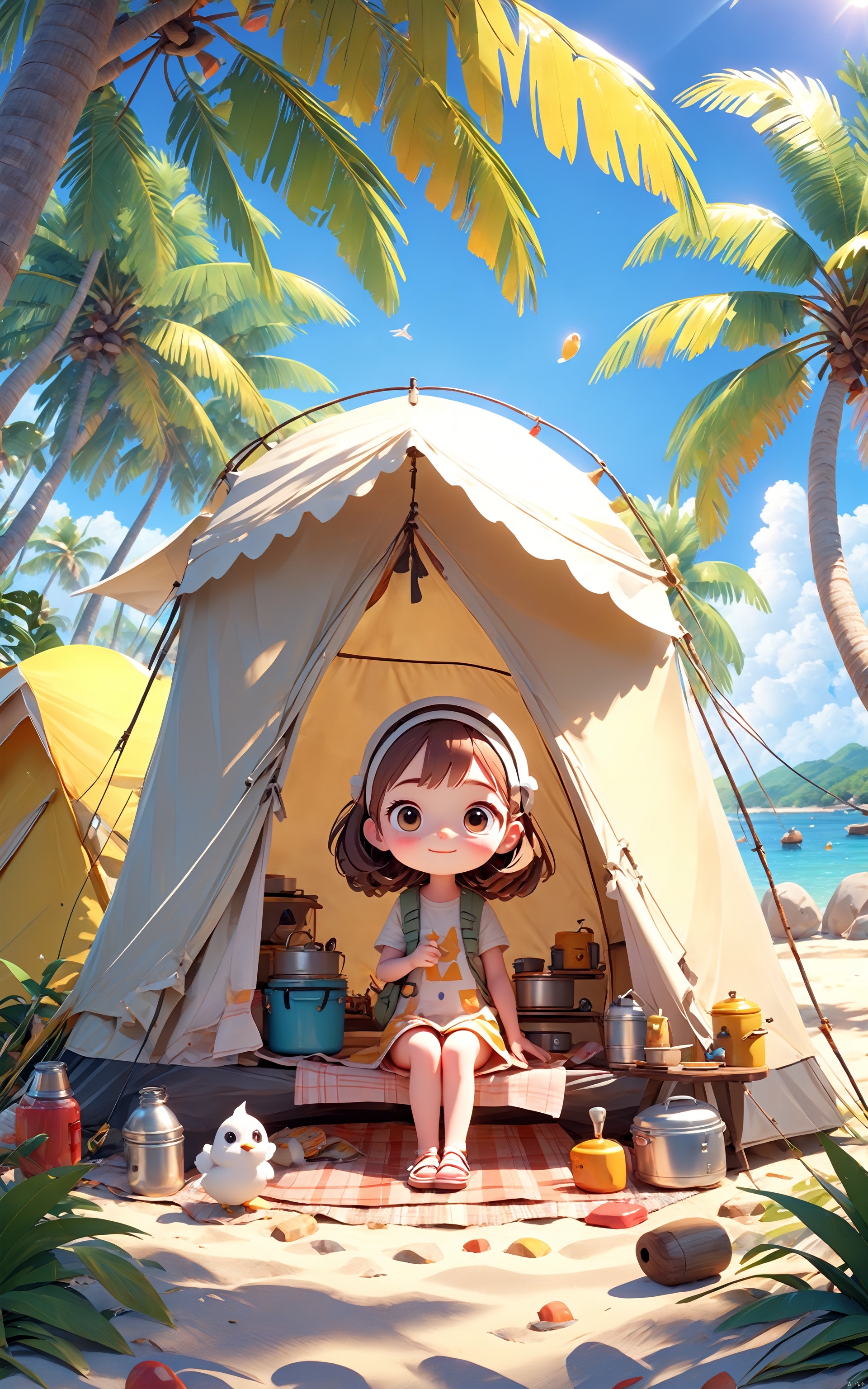  In spring, a super cute little girl is camping by the seaside. There are cars, tents, chairs, Chicken rolls tables, barbecues, coconut trees, coconuts, beaches, oceans, treatment systems, big eyes and happy smiles. Wonderful clean and bright background, super cute girl, popular blind box clay style, bright background, 3D art, Pixar trend, octane rendering, ray tracing, complex details, animated lighting, vibrant colors, best quality, c4d

