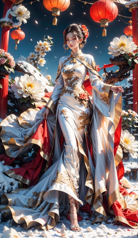 Epic level CG masterpiece,Masterpiece, best quality, a girl dressed in ancient Chinese bridal attire,(Exquisite and stunning facial features), set against the backdrop of the Chinese Forbidden City wall covered in thick white snow. Chinese palace, red lanterns, peonies, flowers, festive Chinese red, movie lighting, best shooting angle,Ultra detailed graphic tension, dynamic poses, stunning colors, full body photos, ultra long shots, ultra wide angles, high-definition, (the sky turns red, visually striking, giving the poster a dynamic and visually striking appearance: 1.2), Chinese Zen style, influential images,
(Dark lens: 1) Shadow, darkness, light, reflection, mist, smoke, halo, flicker, contrast, layered colors,(red theme)