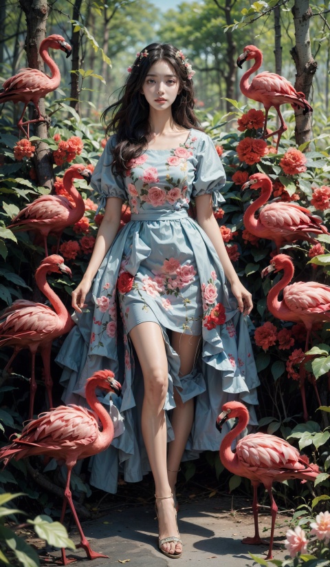  Surrealist photography, full body, (1 girl), long curly hair, embroidered dress, female focus, Petina Hicks, realistic characters, light blue Andiro, (flamingo), roses, balloons, surrounded by birds, forest background, masterpiece, detailed details, depth of field,FeiNiao, FeiNiao, 1girl