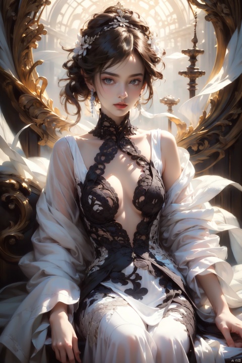  photogenic, calm, adorable, elusive, calm, black-and-white, nebulous, ephemeral, nostalgic, elegant, by Eileen Agar, Roberto Ferri, tim walker, Yuumei, Polly Nor, (professional, intricate details, masterpiece, best quality:1.5), pf-hd, tutult, shidudou, brown bow, JK