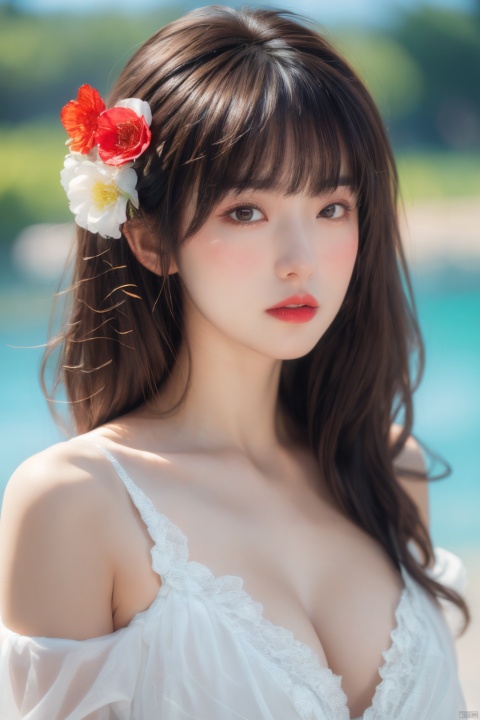  Masterpiece, best quality, 32K, 1 girl, Solo, long hair, breasts, bangs, brown hair, hair decor, cleavage, bare shoulders, upper body, flowers, parted lips, artist&#039;s name, hair flowers, water, close shoulders, blur, lips, depth of field, pattern, foam, red lips, 1girl