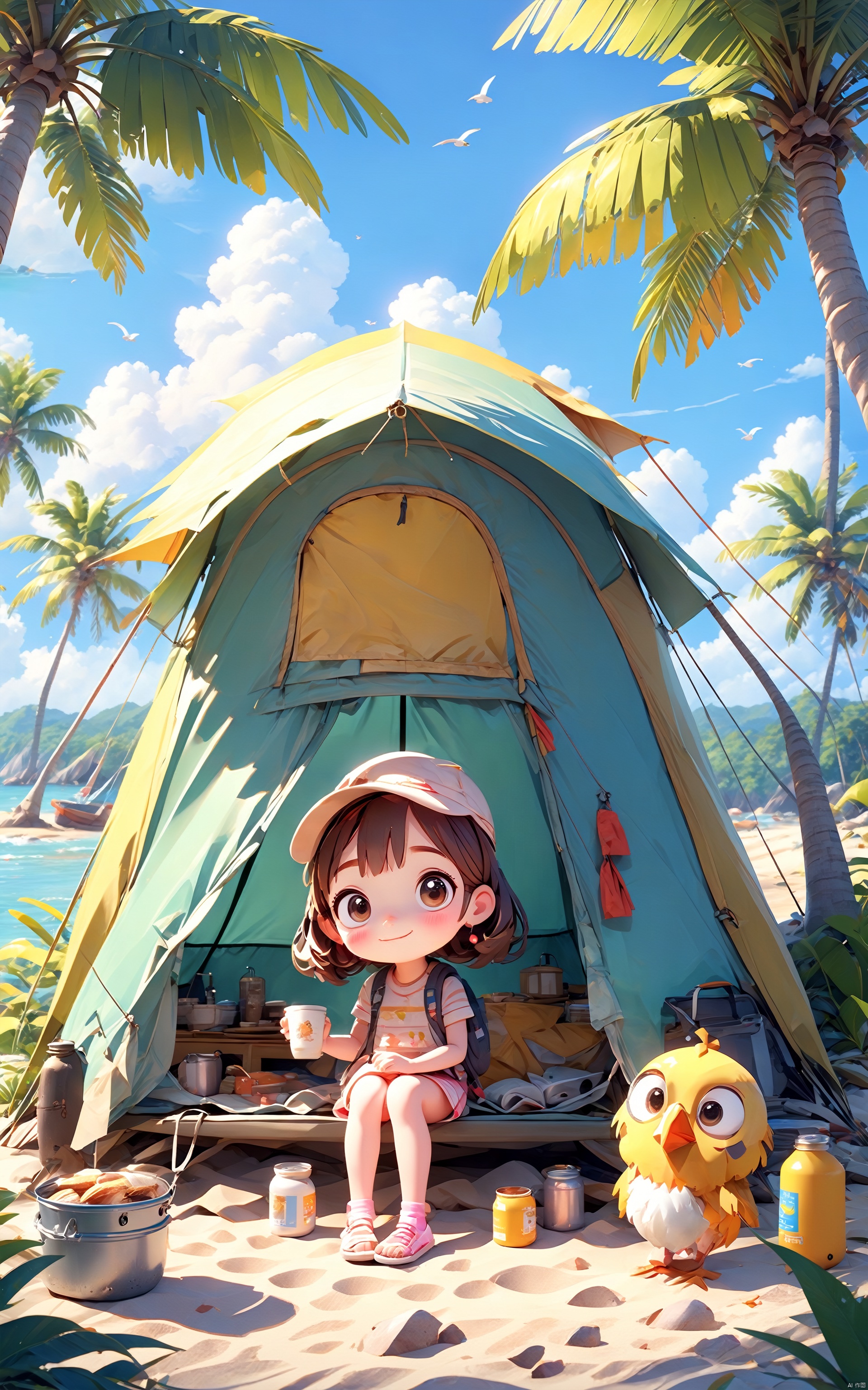  In spring, a super cute little girl is camping by the seaside. There are cars, tents, chairs, Chicken rolls tables, barbecues, coconut trees, coconuts, beaches, oceans, treatment systems, big eyes and happy smiles. Wonderful clean and bright background, super cute girl, popular blind box clay style, bright background, 3D art, Pixar trend, octane rendering, ray tracing, complex details, animated lighting, vibrant colors, best quality, c4d

