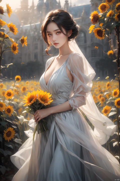 mugglelight,in autumn,dusk,Autumn dusk,a girl stands in the grass,holding a small bouquet of wilted sunflowers in her hand,solo,slender,cleavage,1girl,solo,,background light,moody lighting,looking_at_viewer,portrait,huge filesize,realistic,standing,front view,[gloom],