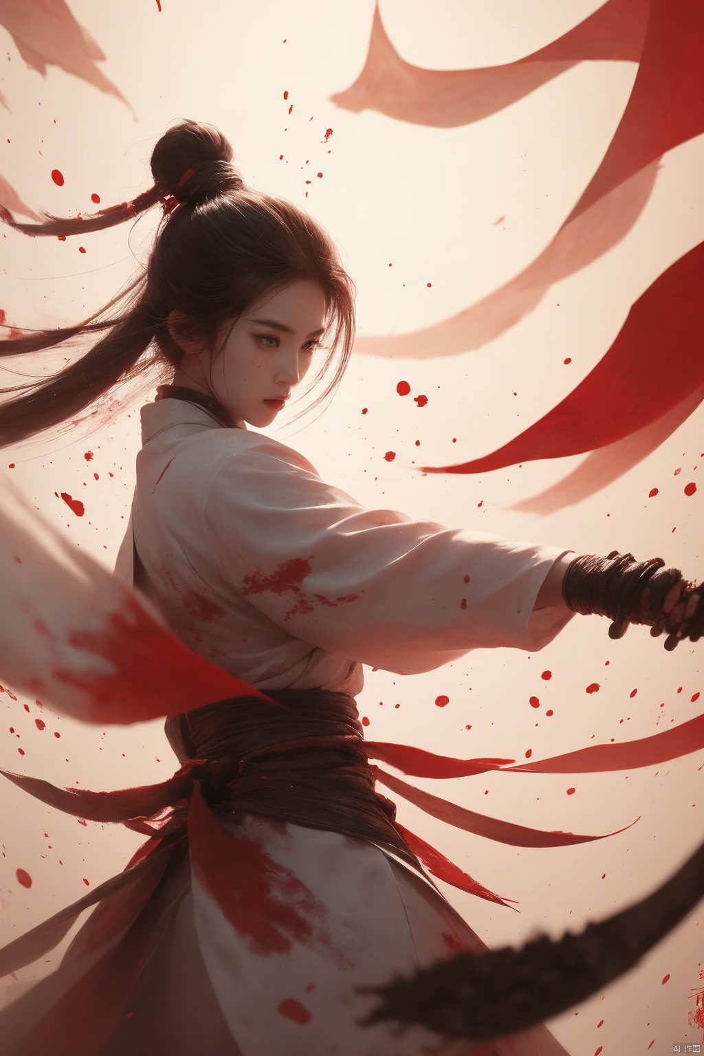  a girl, smwuxia,chinese text,blood, weapon:sw,blood splatter,motion blur,text, Daofa Rune, Ink scattering_Chinese style, xiqing