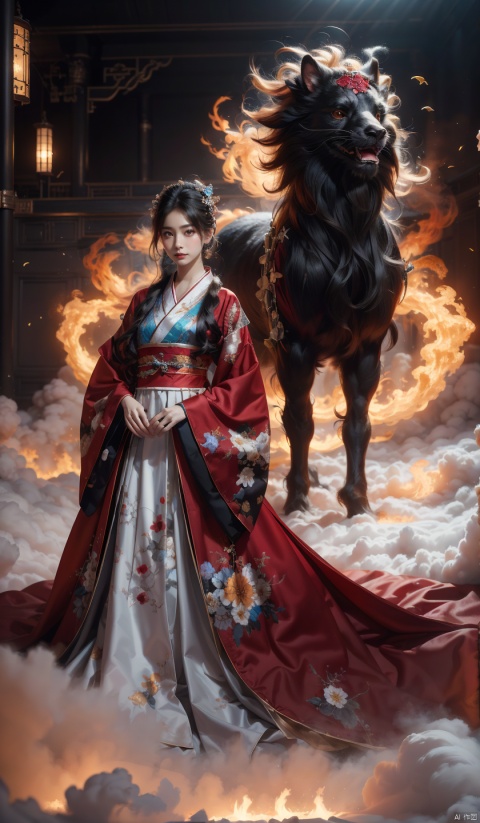  (Best quality, detailed images, 8K, realism, theatrical lighting), (digital art, digital illustrations), (camera focused on face), 1Girl, solo, long hair, black hair, hair accessories, standing, Japanese clothing, wide sleeved, kimono, floating hair, birds, prints, floating flame magic circle, red kimono, kanzashi, burning flame magic, wide-angle lens, ultra-high definition, high-resolution, very detailed, best quality, clear theme, super realistic, super detailed,

