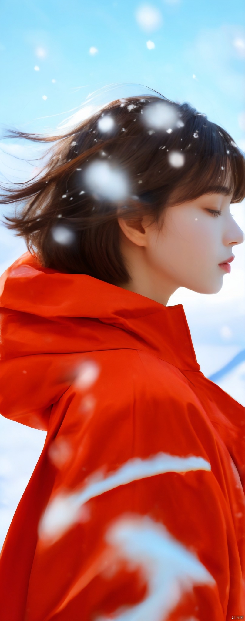 A short-haired girl standing in the snow, Red Coat, head up, breeze blowing hair, snow, snowflakes, depth of field, telephoto lens, messy hair, (close-up) , (sad) , sad and melancholy atmosphere, reference movie love letter, profile, head up, ((floating)) bangs or fringes of hair, eyes focused, half-closed, center frame, bottom to top,