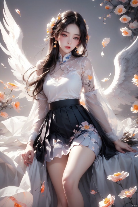 Chinese painting,Ethereal beauty,Ink wash painting,Ink splashes,Gongbi,Delicate brushwork,Zen simplicity, high quality, masterpiece, ultra-high resolution, incredible composition, extremely detailed, crazy details, a girl, angel wings, beautiful face, perfect female body, (skirt **** up of flowers:1.5), translucent body, transparent petals, luminous petals, gradient, contour light, light particles, award winning art,