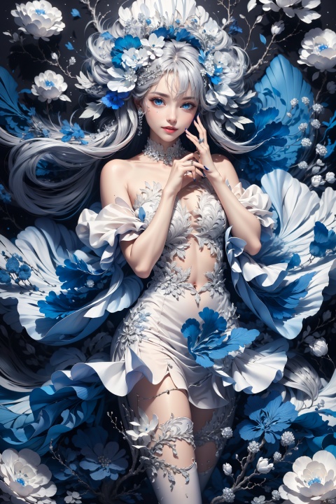  -1girl, blue eyes, solo, long hair, dress, blue nails, looking at viewer, white hair, flower, jewelry, floating hair, nail polish, ring, hat, hair ornament, bare shoulders, breasts, white nails, white dress, bangs, hair between eyes, hands on own face,White hell,,white hell, mmeng, 1girl,police,pencil_skirt,thighhighs