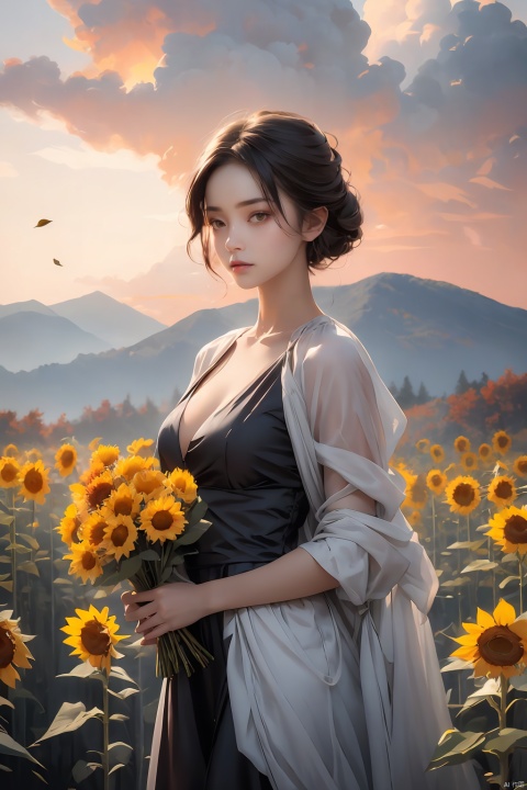 mugglelight,in autumn,dusk,Autumn dusk,a girl stands in the grass,holding a small bouquet of wilted sunflowers in her hand,solo,slender,cleavage,1girl,solo,,background light,moody lighting,looking_at_viewer,portrait,huge filesize,realistic,standing,front view,[gloom],