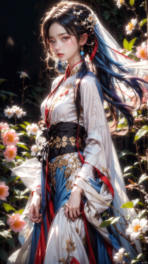  Masterpiece, highest quality, woman, long blue hair, hanfu, dark background, flowers, FeiNiao