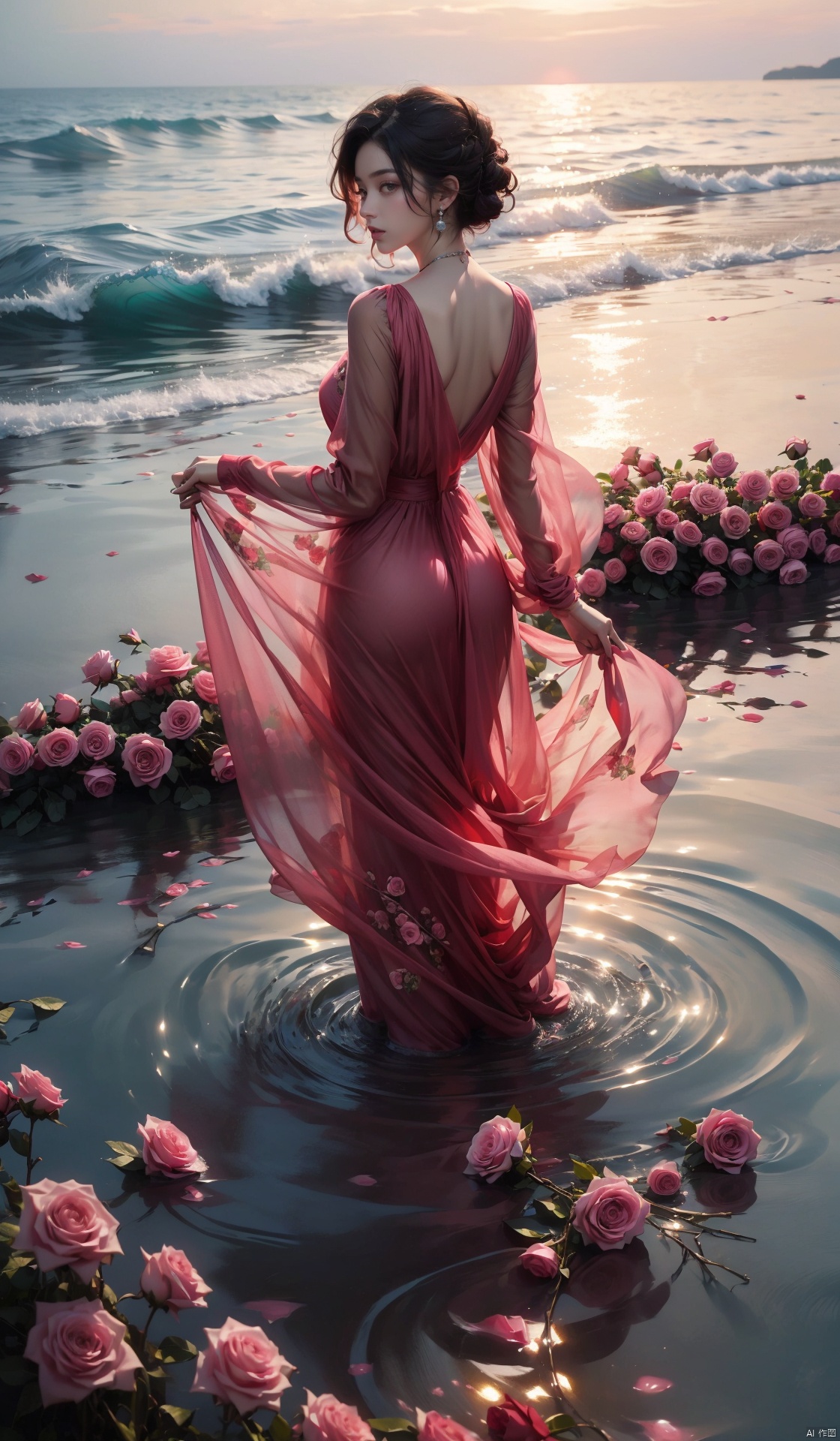 Absurd, realistic rendering, (masterpiece, best quality), 1 girl, flowers, solo, wading, short hair, from behind, water, roses, ocean, outdoor, dress, pink flowers, horizon, black hair, holding, red flowers, standing, long sleeves, back to back, pink roses, sunset, plants, sky, holding flowers, depth of field, wide-angle lens, top-down view, (8k, best quality, ultra-high resolution, masterpiece: 1.2),

