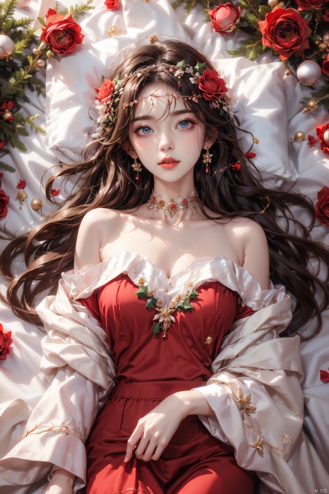  1girl, solo, red flower, flower, blue eyes, long hair, holding flower, holding, rose, dress, petals, hair ornament, red rose, lying, long sleeves, white hair, on back, white dress, looking at viewer, choker, parted lips, bare shoulders, blush, bangs, off shoulder, black choker, hair flower, off-shoulder dress, very long hair, collarbone, puffy long sleeves, puffy sleeves, rose petals, hair between eyes,eyesseye, dofas, crystal, yunbin, qianjin, christmas, Trainee Nurse, Nebula