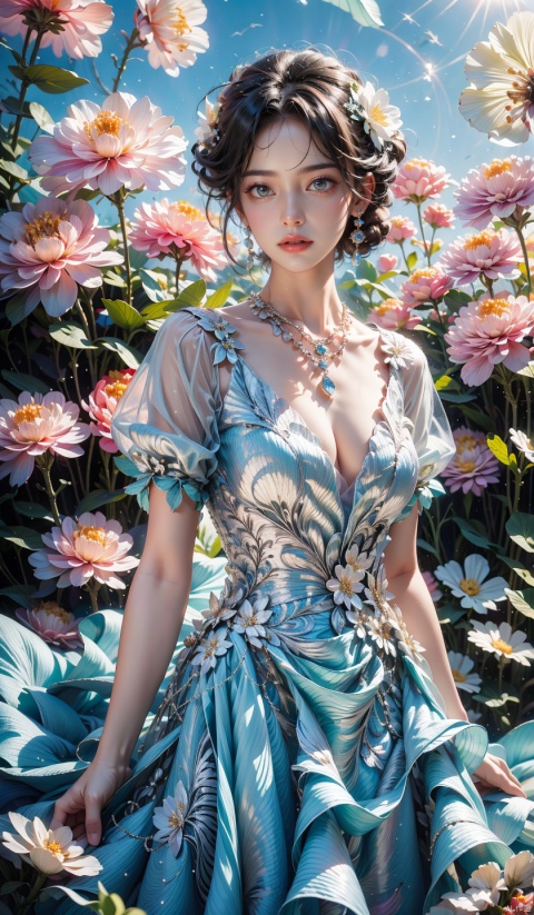 (masterpiece, best quality:1.2), illustration, absurdres, highres, extremely detailed, 1 girl, white short hair, eye highlights, dress, short puffy sleeves, frills, outdoors, flower, fluttering petals, upper body, depth of field, (:d:0.8), chromatic aberration abuse,pastel color, Depth of field,garden of the sun,shiny, sparkling dress