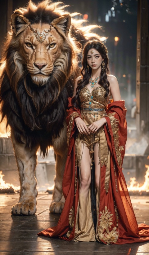 (1 girl), (wearing a gold embroidered dress), with long white hair, standing next to a flame lion. The lion is covered in flames, and the background is starry sky. The girl's gaze is firm, while the lion's gaze is wild and loyal. The entire scene is full of mystery and adventure. A girl with a fiery lion, night sky, stars, courage, determination, mythological creatures, fantasy, adventure, courage, loyalty, grandeur, magic, mystery, beauty (complex details, high resolution), clear focus, dramatic lighting, photo realistic art by Greg Rutkowski, Alphonse Mucha, and Frank Frazetta.