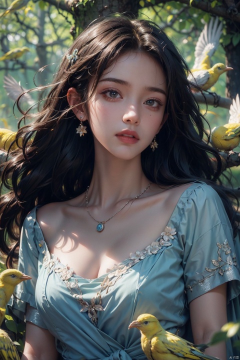 (Masterpiece, best quality, high-resolution: 1.2), (upper body), surrealist photography, 1 girl, light blue dress. Solo, (yellow bird), bird, necklace, black curly hair, flowing hair, flowers, forest background, many birds sleeping together, depth of field, watching the audience, female focus, retro, realistic characters, best quality, movie film
