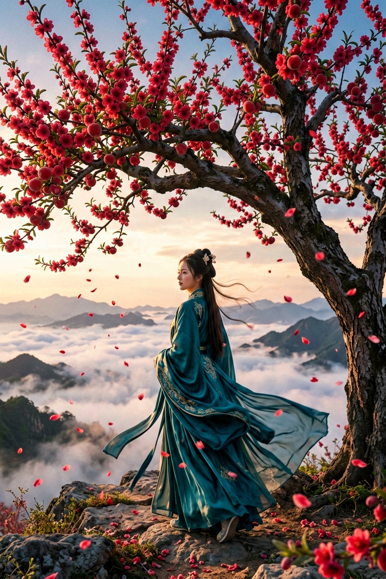 巨大的桃树,  鲜红的桃花,  狂风吹起 by 重楼 on Tensor.Art
