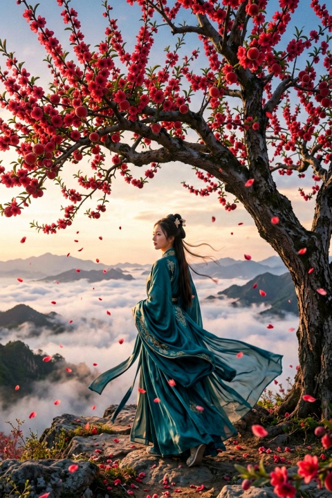 巨大的桃树,鲜红的桃花,狂风吹起,花瓣飘落,古风女子,广袖长袍,侧对镜头,漫步走向远方,高空远景视野,电影效果。16k高清