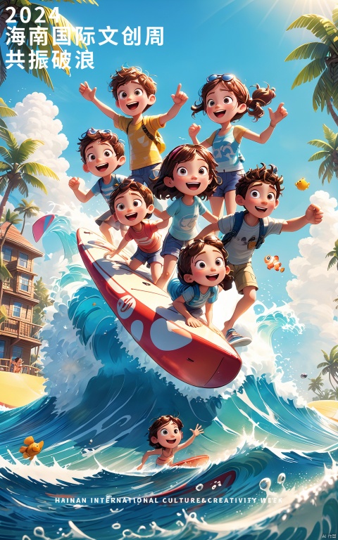  Crazy Summer Kids movie poster, 3d art characters, disney pixar animation, pop mart, c4d, surf, zbrush style, cartoon character, disney animation, airy and light, qame art,Beach background,cartoon scene, best quality,8k