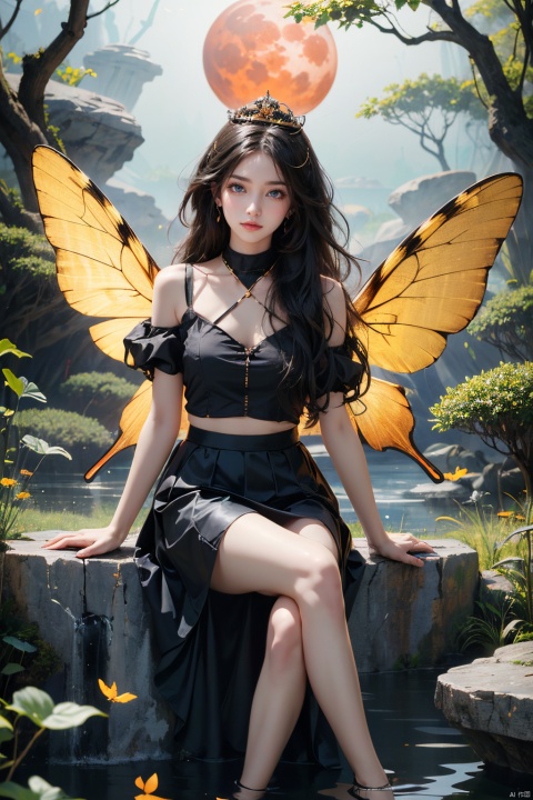 ASCII(score_9, score_8_up:1.1), score_7_up, 1girl, petite, black hair, long hair,  butterfly wings, glossy black skirt, glossy black top, void forest, sitting on rock, crossed legs, red water, magical, golden tiara, blood moon, void   