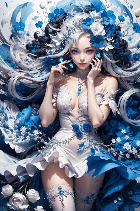  -1girl, blue eyes, solo, long hair, dress, blue nails, looking at viewer, white hair, flower, jewelry, floating hair, nail polish, ring, hat, hair ornament, bare shoulders, breasts, white nails, white dress, bangs, hair between eyes, hands on own face,White hell,,white hell, mmeng, 1girl,police,pencil_skirt,thighhighs