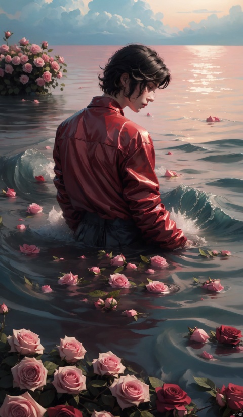 Absurd, realistic rendering, (masterpiece, best quality) 1 boy, flower, male focus, solo, black hair, pink flowers, outdoor, water, ocean, rose, black jacket, short hair, jacket, looking from behind, pink rose, long sleeves, horizon, red flowers, sitting, partially submerged, shirt, (8k, best quality, ultra-high resolution, masterpiece: 1.2),

